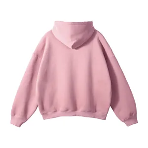Back view of a men's solid pink oversized hoodie with a minimalist no-drawstring design.