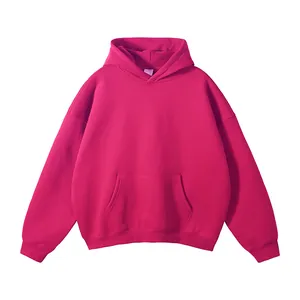 Front view detail of a vibrant magenta men's hooded sweatshirt with a kangaroo pocket