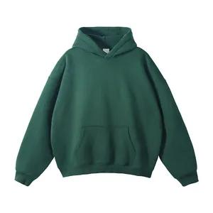 Close-up front view of a solid dark green hoodie with kangaroo pocket and no drawstrings.