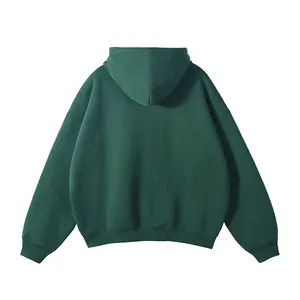 Detail back view of men's oversized dark green hoodie with no drawstring design.