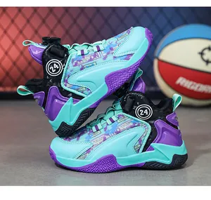 Scarpe da basket per bambini turchese e viola con chiusura a rotella e numero 24
