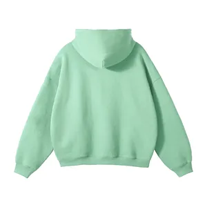 Detailed back view of a premium mint green oversized cordless hoodie for men with soft texture