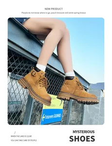 Stylish tan leather Martin boots for women in outdoor autumn setting