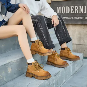 Classic unisex genuine leather yellow boots with platform soles in British Martin style for autumn.