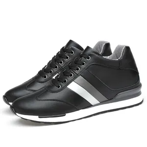 Casual men's black sports sneakers with a hidden 8cm elevator heel and side stripes