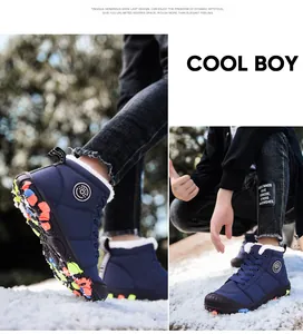 Detail of blue high-top children's winter boots with plush lining in the snow