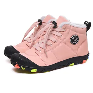 Pink high-top children's winter boots with warm fleece lining and adjustable toggle laces