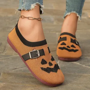 Halloween Pumpkin Print Women's Fly-Knit Loafers Breathable Flat Shoes Comfortable Slip-On Walking Shoes For Party Festival Casual