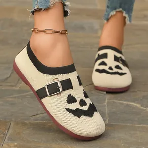 Breathable knit flats for women with festive Halloween pumpkin print and buckle