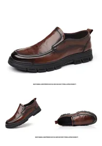 Vistas detalladas de zapatos casuales de cuero marrón para hombre con costuras manuales.
