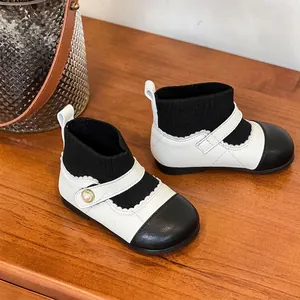 Elegant baby girls' black and white soft-sole princess boots for autumn and winter