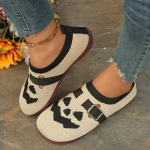 Women's breathable flyknit loafers with Halloween pumpkin face print for autumn style