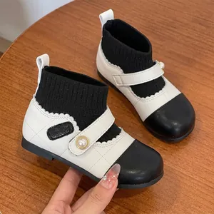 Elegant toddler girl black and white princess boots with soft sole and pearl button