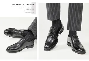 Macro view of men's black patent leather Oxford shoes with crocodile pattern detail