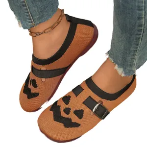 Stylish women's fly-woven loafers with Halloween pumpkin print and adjustable buckle strap