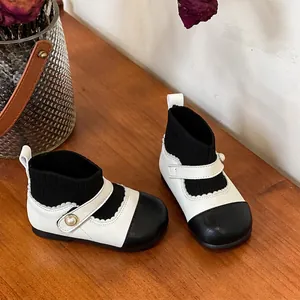 Chic toddler girl black and white color block soft sole shoes with sock style ankle