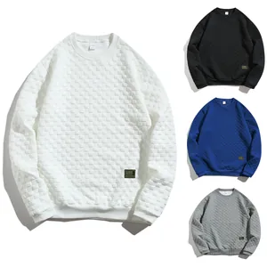 Men's heavyweight checkered crewneck sweatshirt shown in white, black, blue, and grey colors