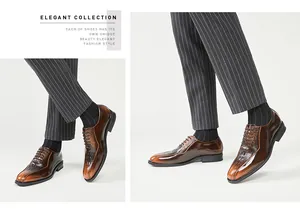 Detailed view of men's brown crocodile-textured leather formal Oxford shoes for weddings
