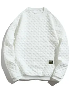 Detail view of white heavy-weight men's crewneck sweatshirt with checkered texture pattern