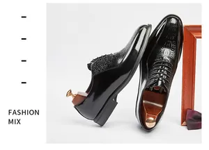 Detail view of men's black crocodile embossed leather Oxford shoes for business weddings