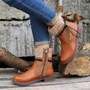 Bottines marron pour femmes avec revers en maille et fermeture éclair latérale pratique