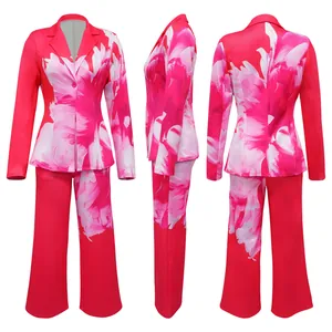 Detailed three-angle view of a vibrant pink floral two-piece blazer and pants set