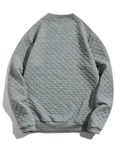 Detailed back view of grey heavy crewneck sweatshirt with embossed checkerboard texture