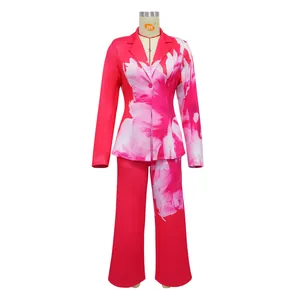 Elegant vibrant pink floral print blazer and wide-leg trouser suit set for women