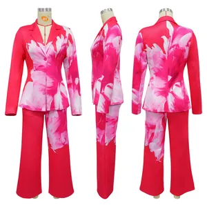 Detail views showing the front, side, and back of a pink floral print blazer suit.