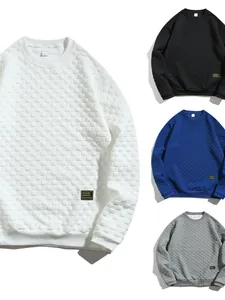 Men's Heavyweight Waffle Knit Sweatshirt Round Neck Long Sleeve Plaid Texture Casual Pullover Top For Fall Winter