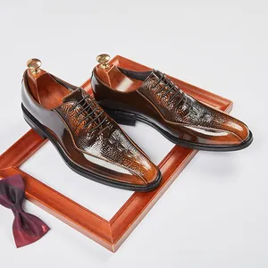 Elegant brown crocodile-embossed leather oxford shoes for men's formal business wear