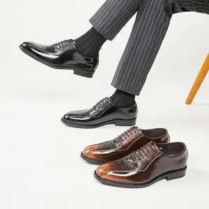 Men's leather Oxford shoes with embossed crocodile pattern, elegant business dress shoes