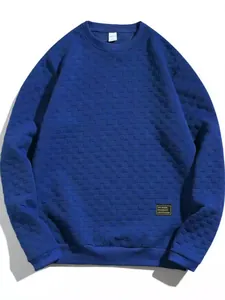 Men's blue textured checkered sweatshirt with crew neck and long sleeves for casual wear.