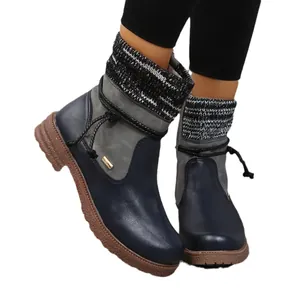 Bottines d'hiver chic pour femmes avec col en tricot et semelle crantée antidérapante bleue