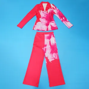 Stylish red floral print blazer and wide-leg pants two-piece suit set for women's autumn wear
