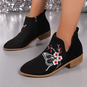 Damen Spitzschuh Blockabsatz Kurze Stiefel Mikrofaser Bestickt Schmetterling Blumen Ankle Boots Seitlicher Reißverschluss Herbst Mode Schuhe