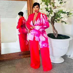 Elegant red and pink floral print blazer with matching wide-leg trousers suit set for women.