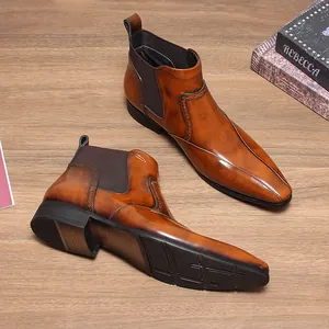 Bottines Chelsea à Bout Pointu pour Hommes en Cuir de Vache Finition Brillante Sculpture Brogue Bottines de Mode pour Business Casual Party