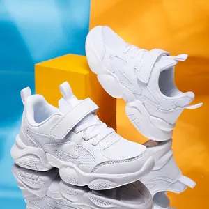 Breathable white mesh sneakers for kids with velcro straps and thick soles