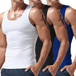 Detail showing a 3-pack of men's American style cotton tank tops in white, black, and blue.