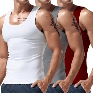 Detail view of men's American sports tank tops in white, grey, and red 3-pack set