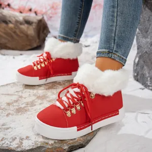 Botas de Nieve para Mujer con Ribete de Piel Sintética Cuero PU Cordones Delanteros Punta Redonda Plataforma Suela de Caucho Invierno Cálido