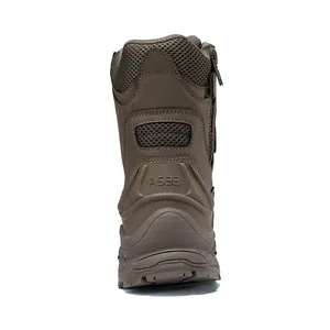 Rückansicht mit Details zu Ferse und Reißverschluss brauner taktischer Wanderschuhe