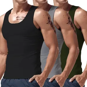 Pack of 3 men's athletic tank tops in black, grey, and olive green colors for sport