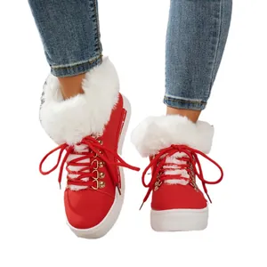Elegantes botas de nieve rojas para mujer con forro de piel sintética blanca y plataforma
