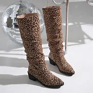Detail shot of leopard print tall boots with stylish slouchy shaft and block heel.