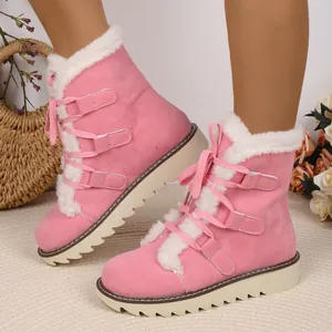Bottes de Neige à la Mode pour Femmes en Imitation Daim à Lacets à Semelle Épaisse Bottes d'Hiver Chaudes avec Doublure en Peluche Courte Artificielle Bottes en Coton Plates Antidérapantes