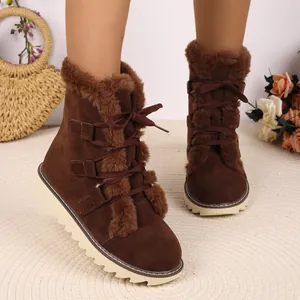 Élégantes bottes de neige d'hiver marron pour femmes avec bordure en fausse fourrure