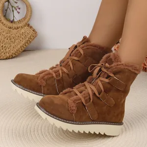 Bottes de neige marron chaud pour femmes avec doublure en peluche, lacets et semelle épaisse
