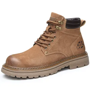 Men's tan leather work boots with classic lace-up design and thick lug sole